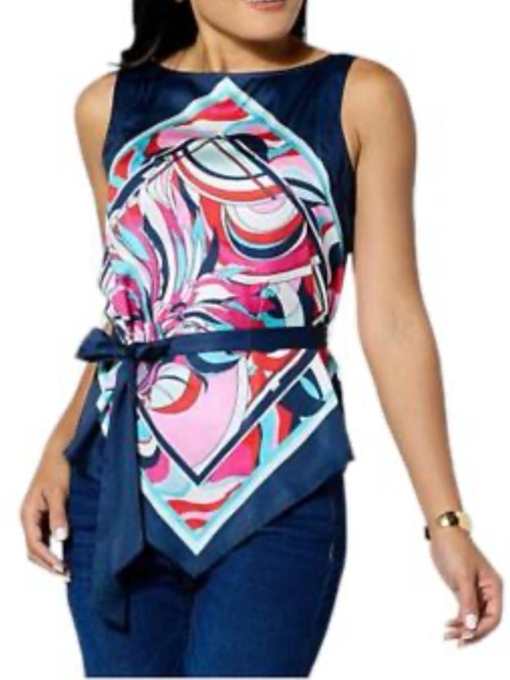 NWT: DG2 by Diane Gilman Navy Just Like Silk Printed Charmeuse Scarf-Hem Top